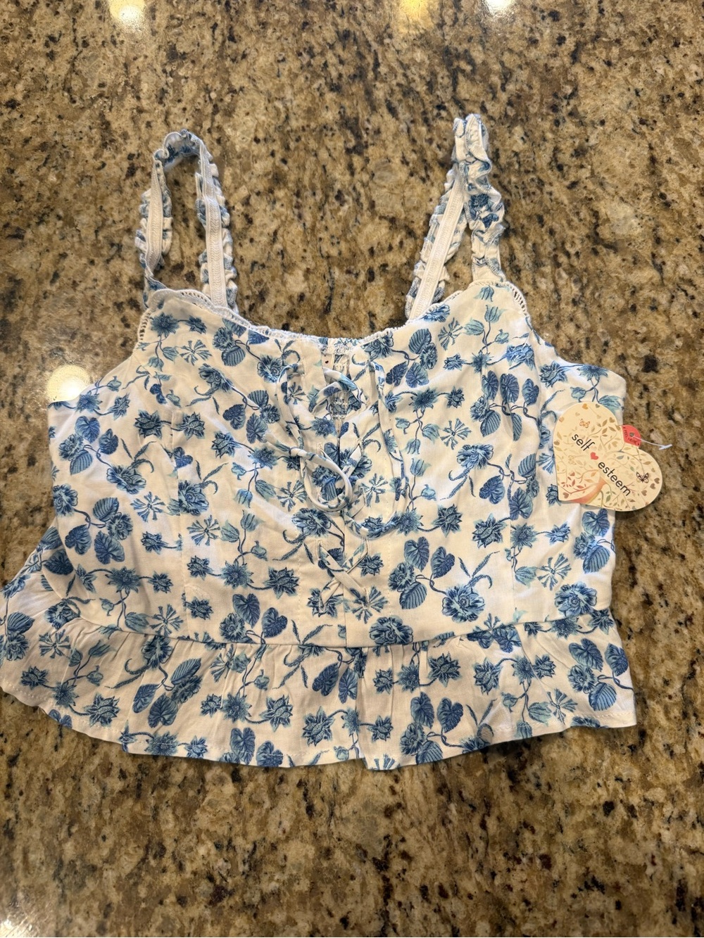 NWT Self Esteem White and Blue Floral Lace-Up Ruffle Crop Camisole